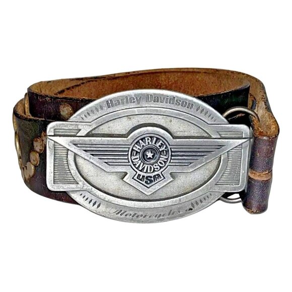 Harley Davidson Motorcycles Studded Tooled Y2K Belt Size 38 Dark Brown VTG